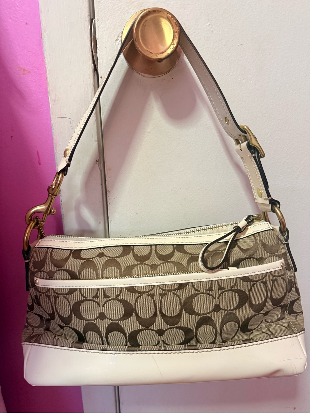 Coach Brown Signature Canvas Shoulder Bag with White Trim